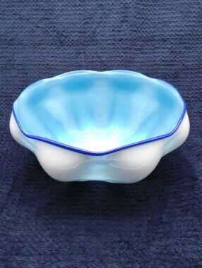 Mark Armstrong Signed Art Glass Ruffled Bowl - Blue & White Opalescent